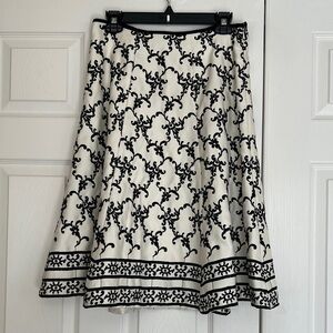 Black and White Heavily Embroidered Satin A-Line Full Midi Skirt W/Attached Slip